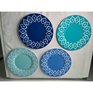 Set Of 4 Melamine Blue‎ Aqua Teal Floral Medallion Dinner Plates